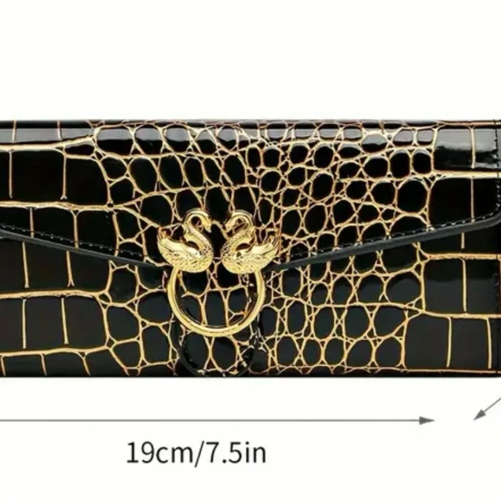 NWOT, Elegant Black and Gold Reptile Design with golden swans clutch or wallet - Picture 5 of 6